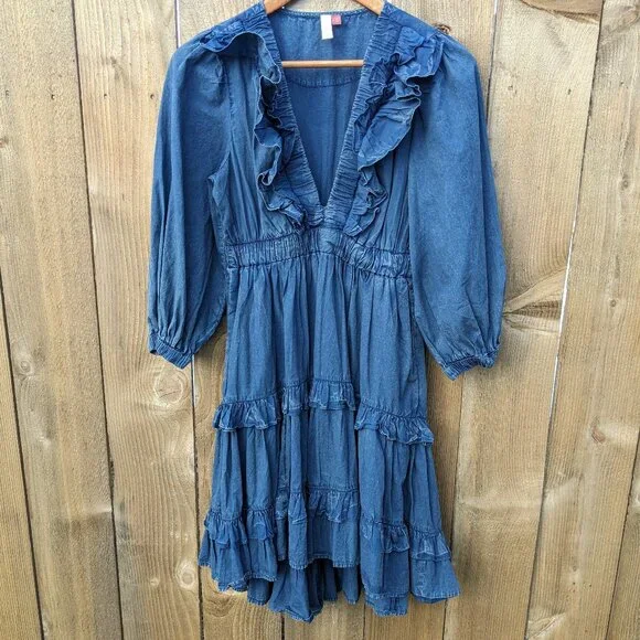 Anthropologie | Dresses | Anthropologie Pilcro Ruffled Vneck Denim Dress S  Tiered Peasant Mini High Low | Poshmark